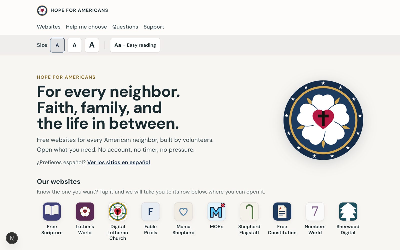 Hope for Americans home page: For every neighbor. Faith, family, and the life in between.